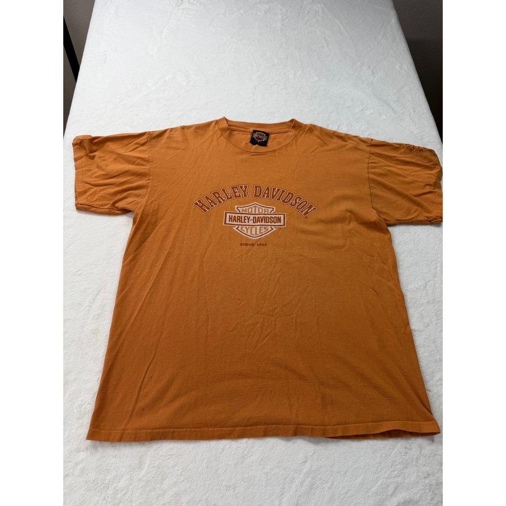Harley Davidson T-Shirt Mens L Orange Good Traverse City MI Graphic Tee